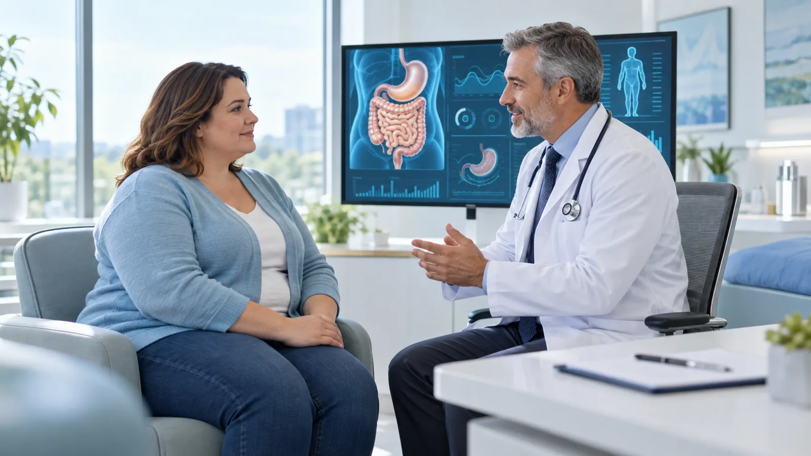 Spécialiste échangeant avec une patiente devant une analyse métabolique et digestive numérique