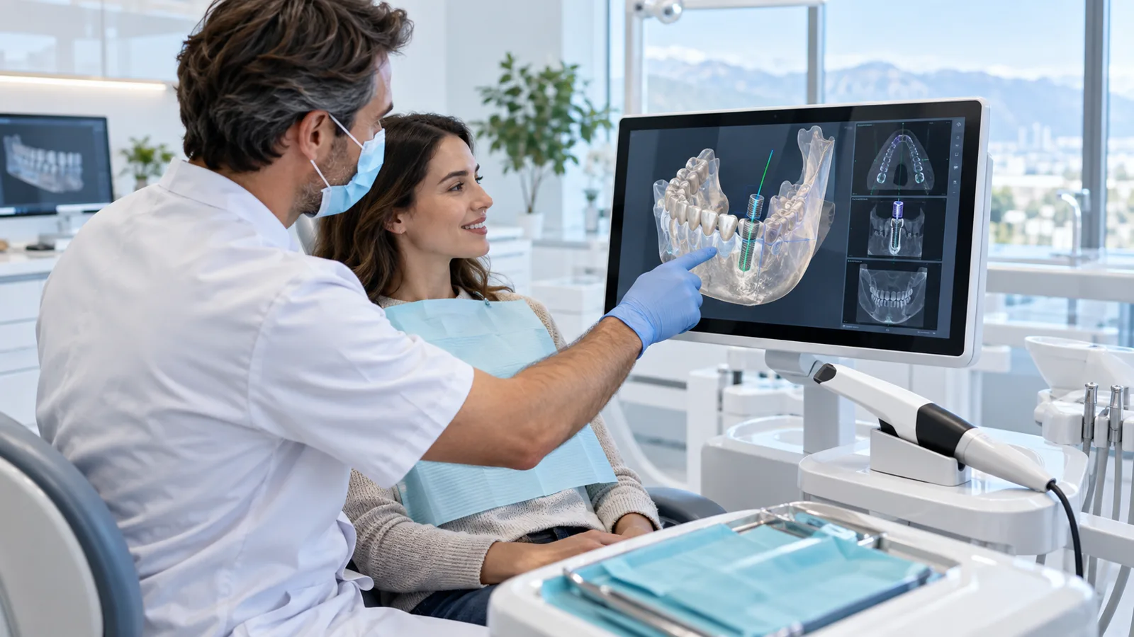 Chirurgien-dentiste présentant une reconstruction 3D de la mâchoire et un implant virtuel