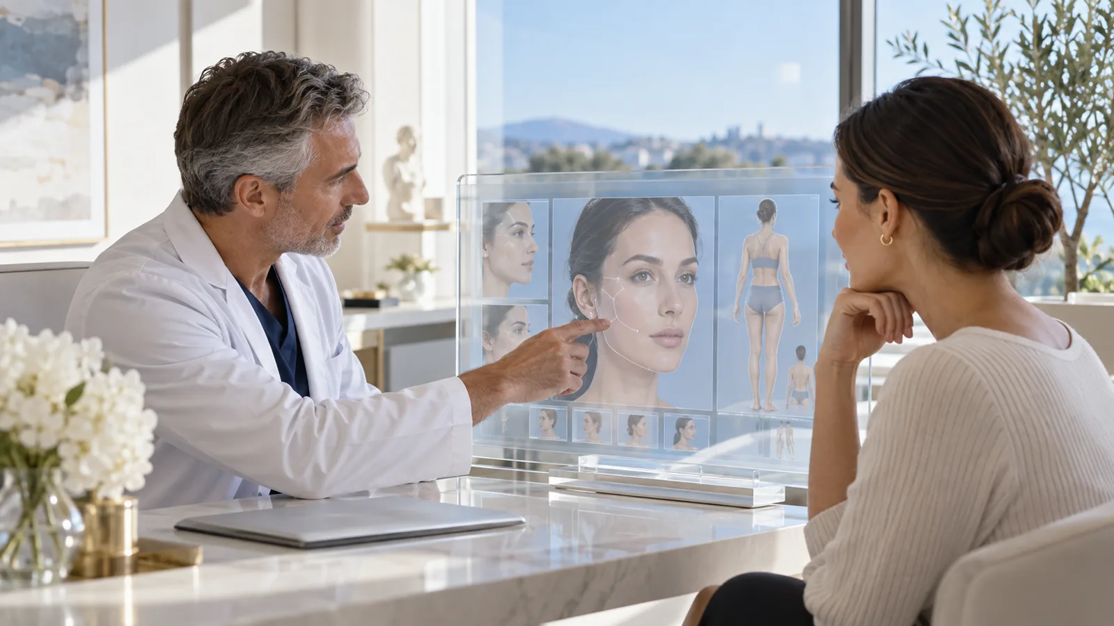 Chirurgien et patiente examinant une simulation faciale et corporelle en trois dimensions