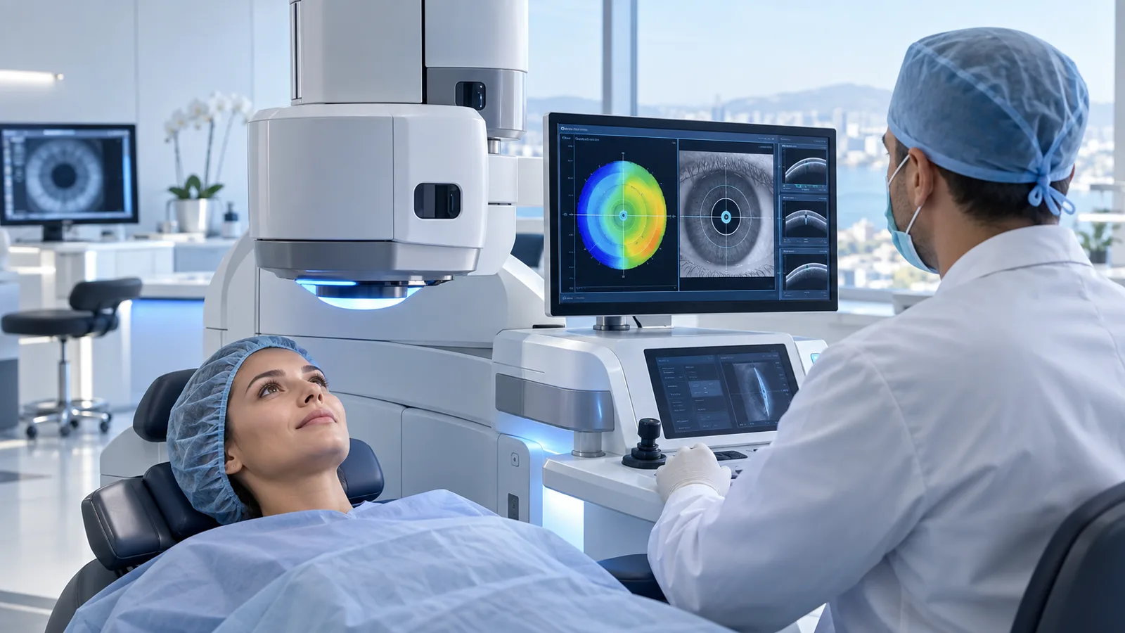 Ophtalmologue supervisant une cartographie cornéenne et un système laser avec suivi oculaire