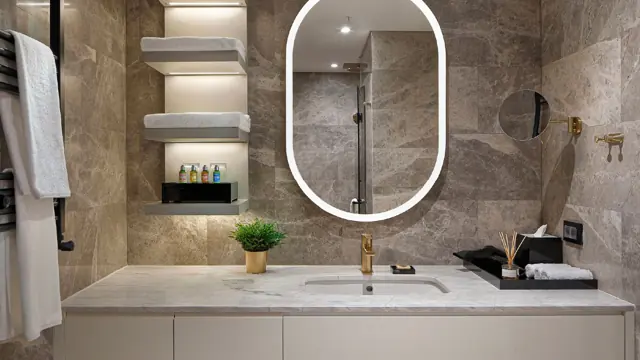 Salle de bains avec vasque en marbre et étagères