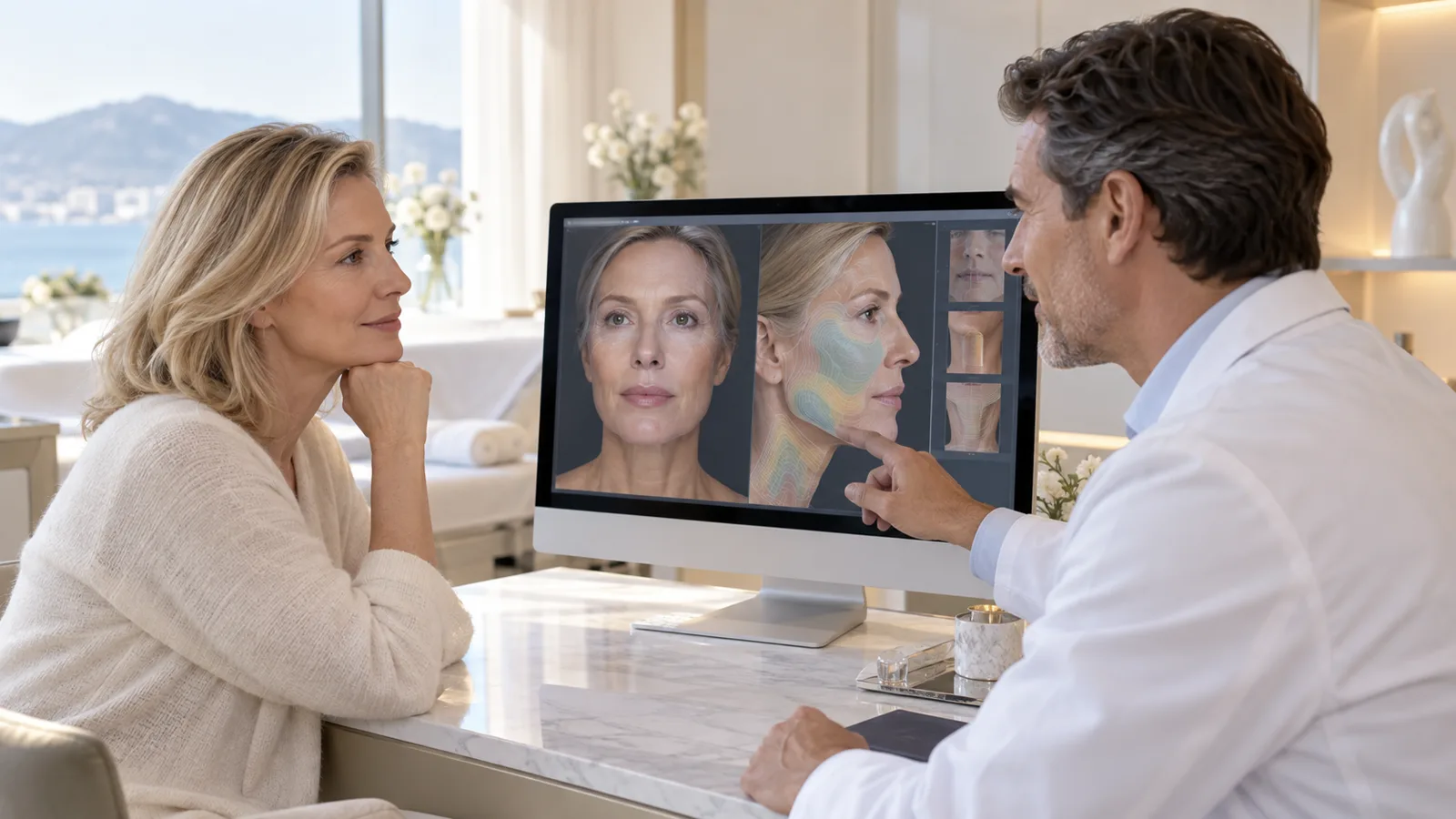 Médecin analysant avec une patiente une cartographie 3D naturelle du relâchement du visage